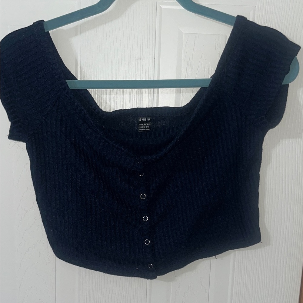SHEIN Dark Blue Ribbed Button-Up Blouse